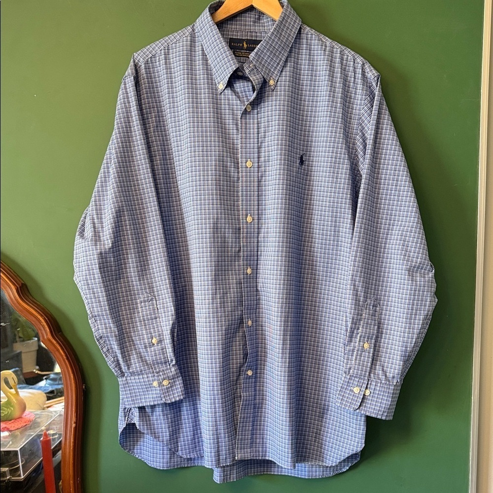 Ralph Lauren Mens 18 34/35 Classic Fit Easy Care 100% Cotton Stretch Shirt Blue